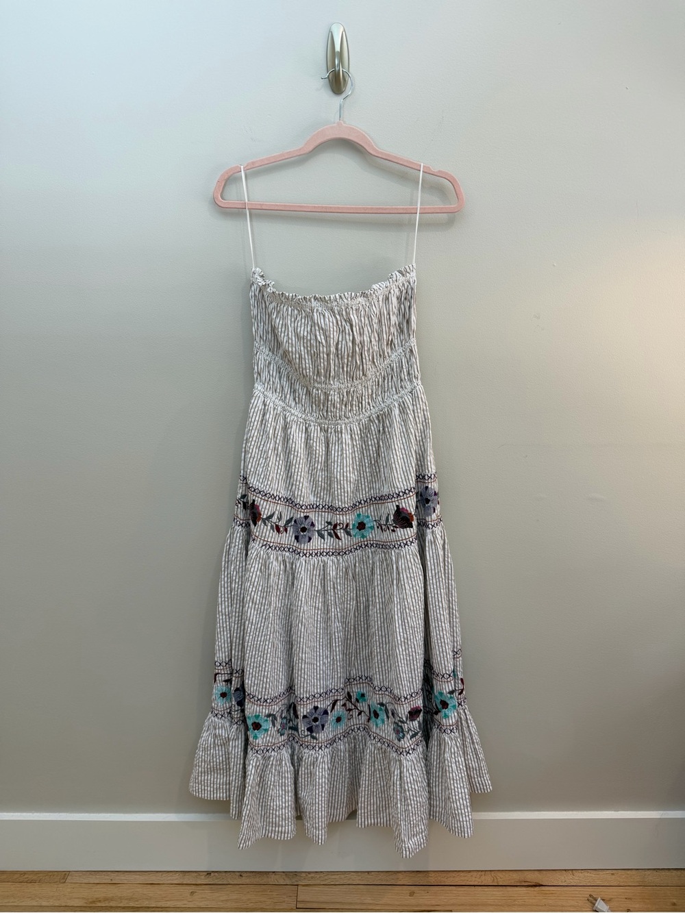 Free People White Striped Midi Dress with Floral Embroidery